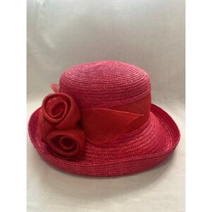 Betmar New York Red Straw Sun Hat Mesh Rosettes Floral Derby Church Hat #541